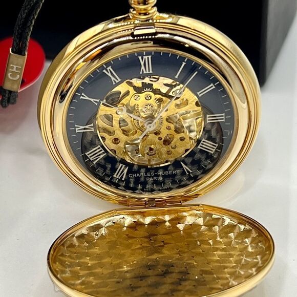 New Charles Hubert Gold-plated Double Hunter Blue Dial Pocket Watch - Picture 5 of 8